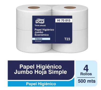 Papel Higiénico Jumbo Tork - 4 Rollos de 500 Metros c/u por Paquete