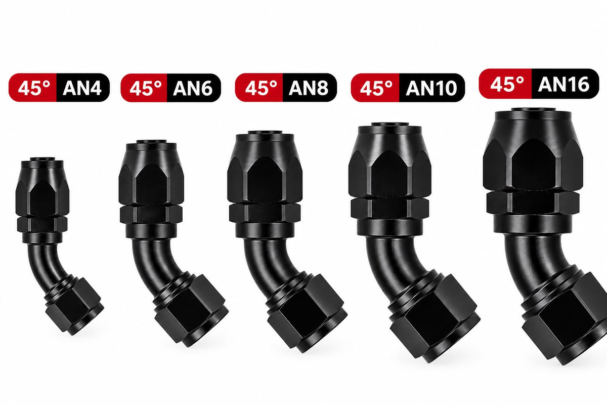 Fitting AN 4-6-8-10 -  45 Grados, Aluminio anodizado negro- para manguera CPE