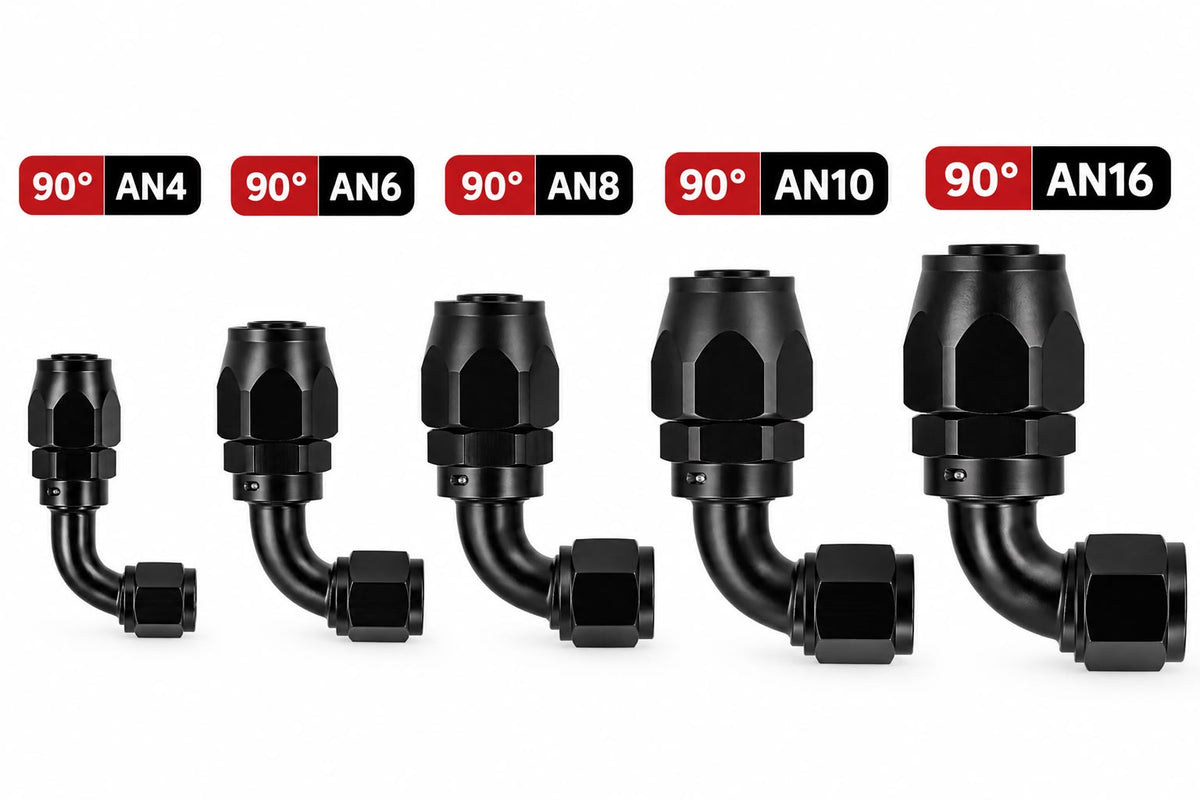 Fitting AN 4-6-8-10-16  -  90 Grados, Aluminio anodizado negro- para manguera CPE